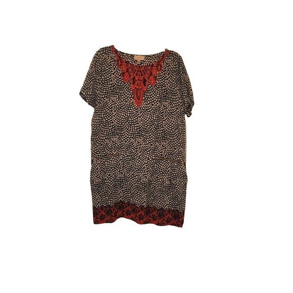 Anthropologie Kachel 100% Silk Cap Sleeve Black Red Print Dress Size 12 Pockets - Picture 1 of 9